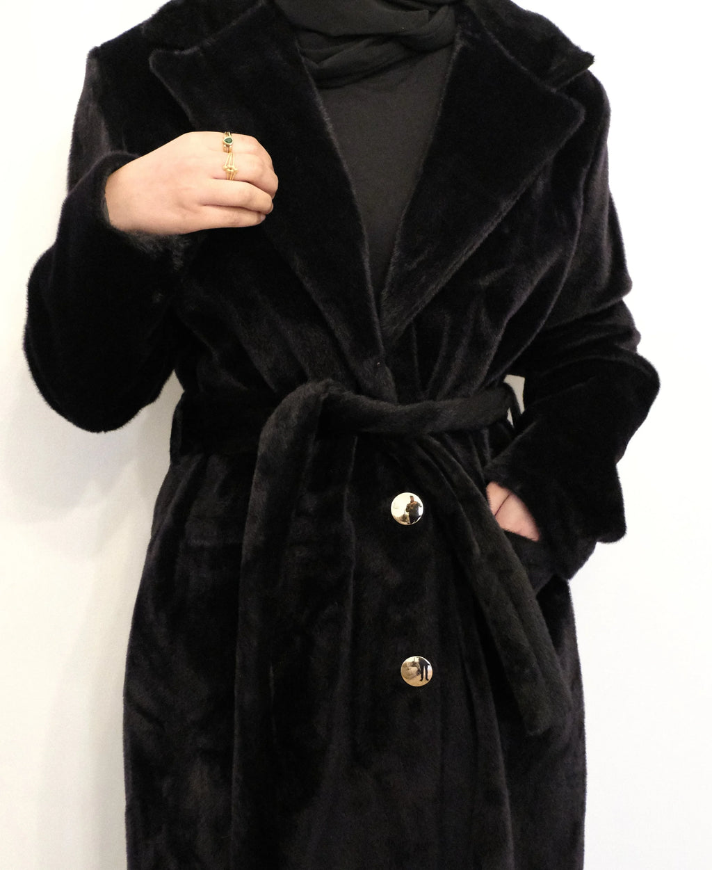 Aria Fur Longline Coat In Black