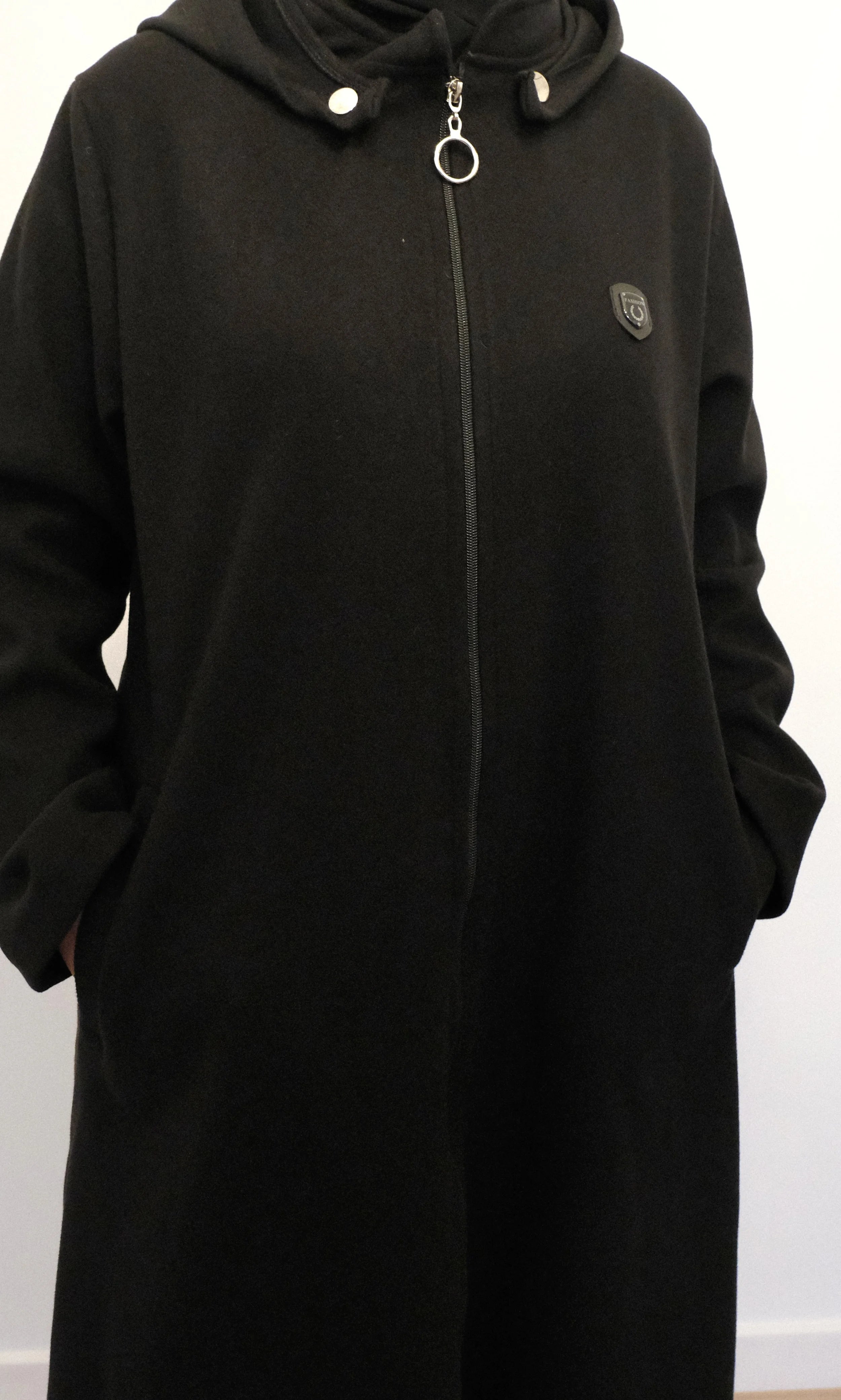 Ziena longline Zip coat with hood- Black