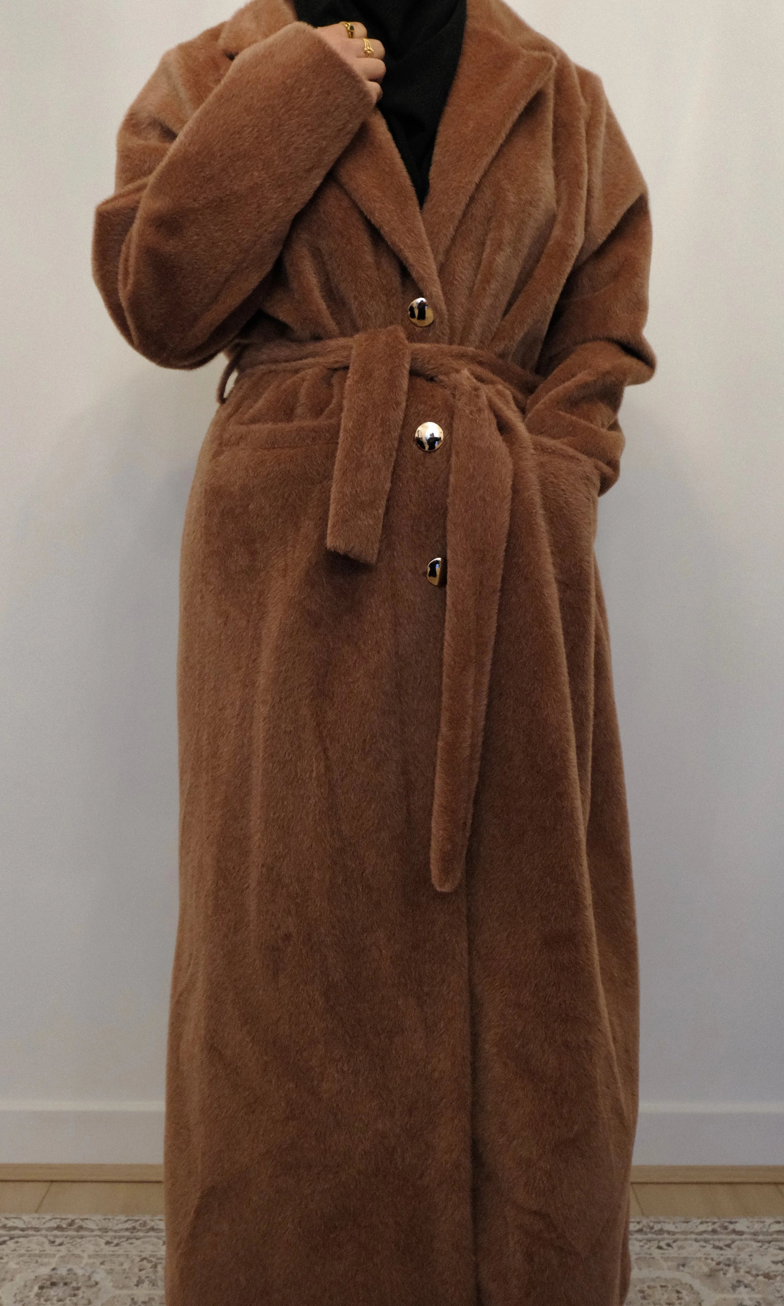 Aria Fur Longline Coat In Brown