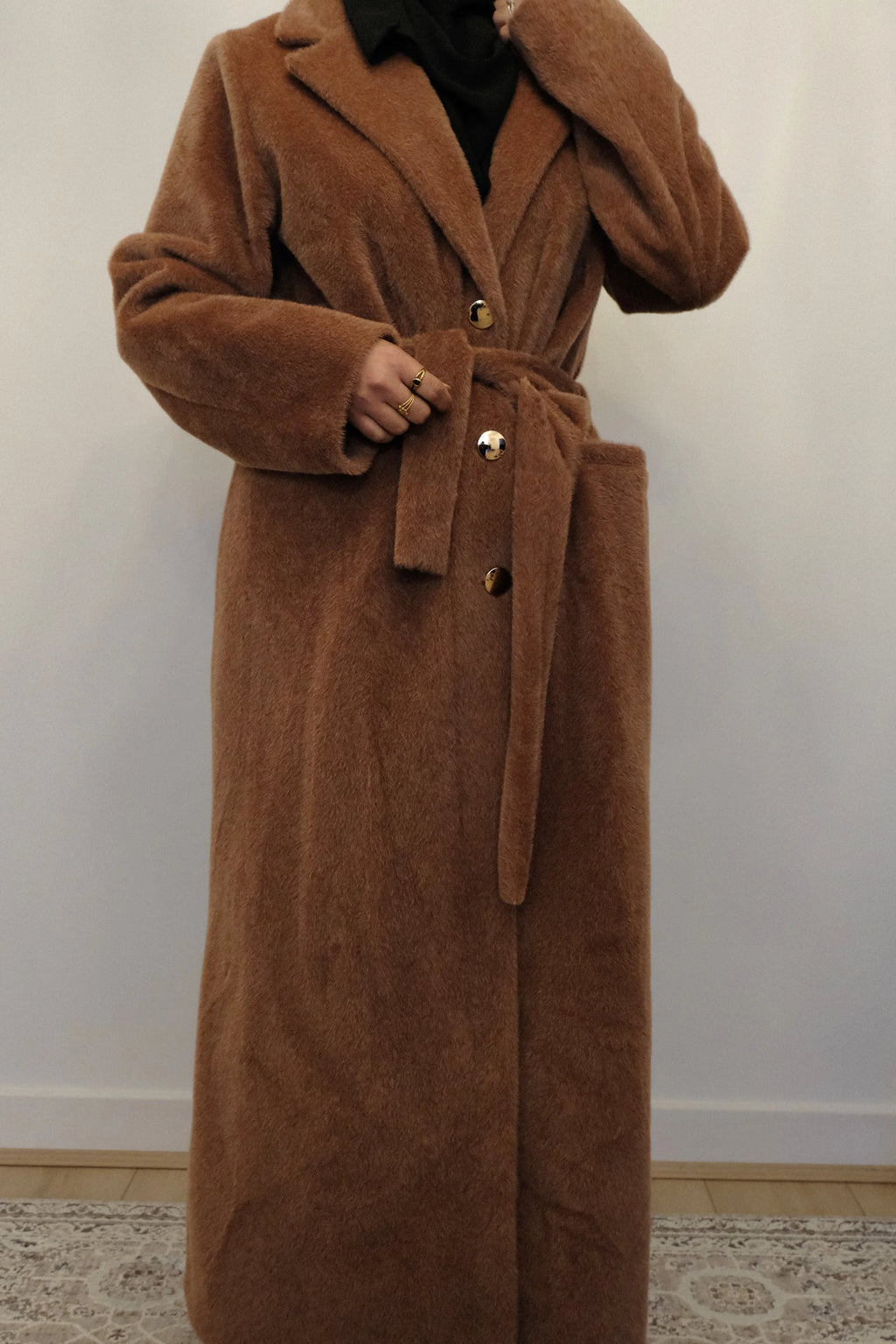 Aria Fur Longline Coat In Brown
