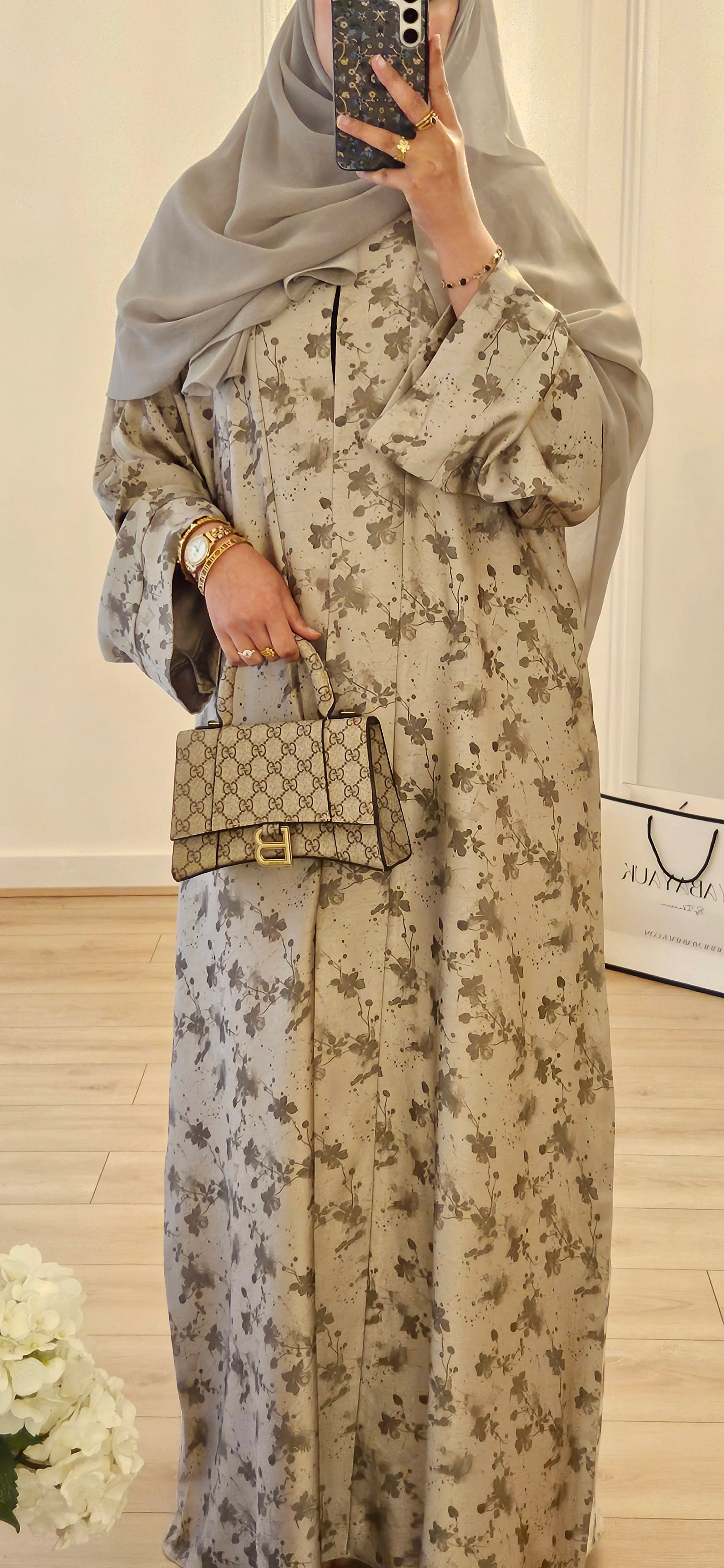 Jacquard Pattern Abaya In Beige