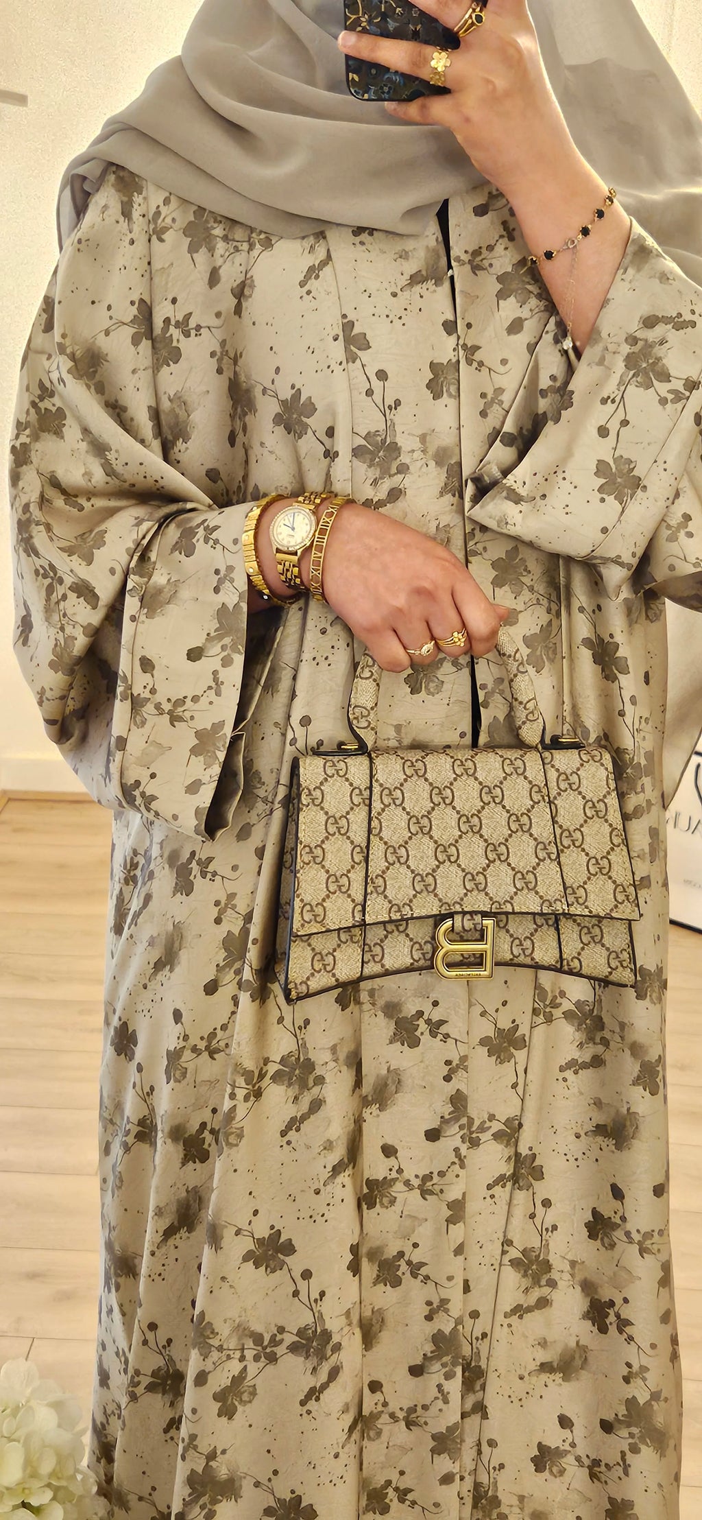 Jacquard Pattern Abaya In Beige