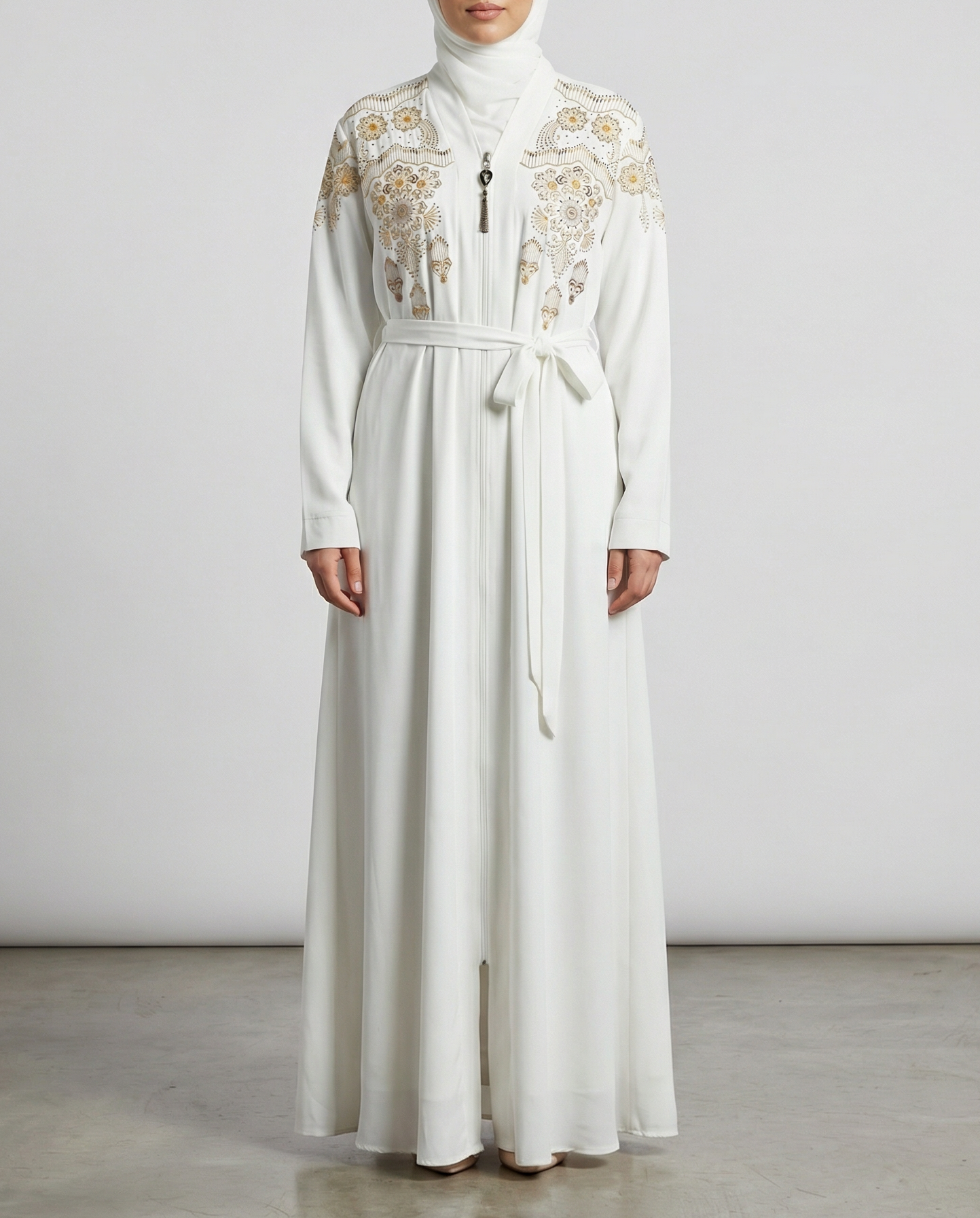 Turkish Flower Abaya In White
