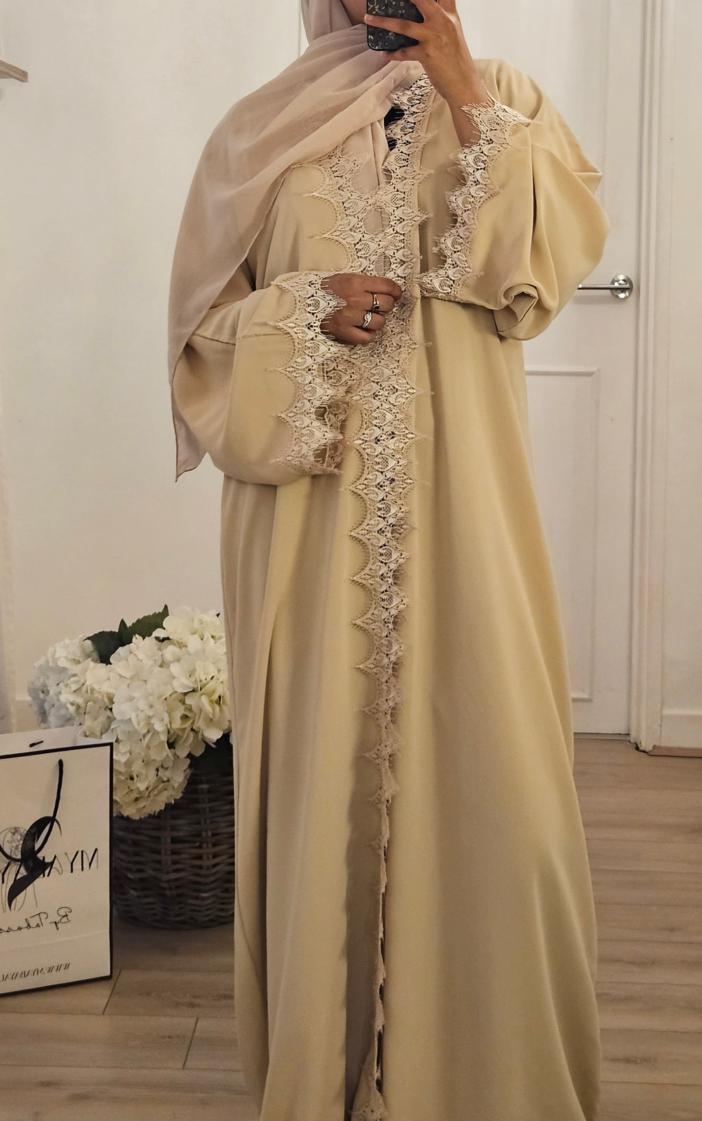 Beige Net Abaya With Slip dress
