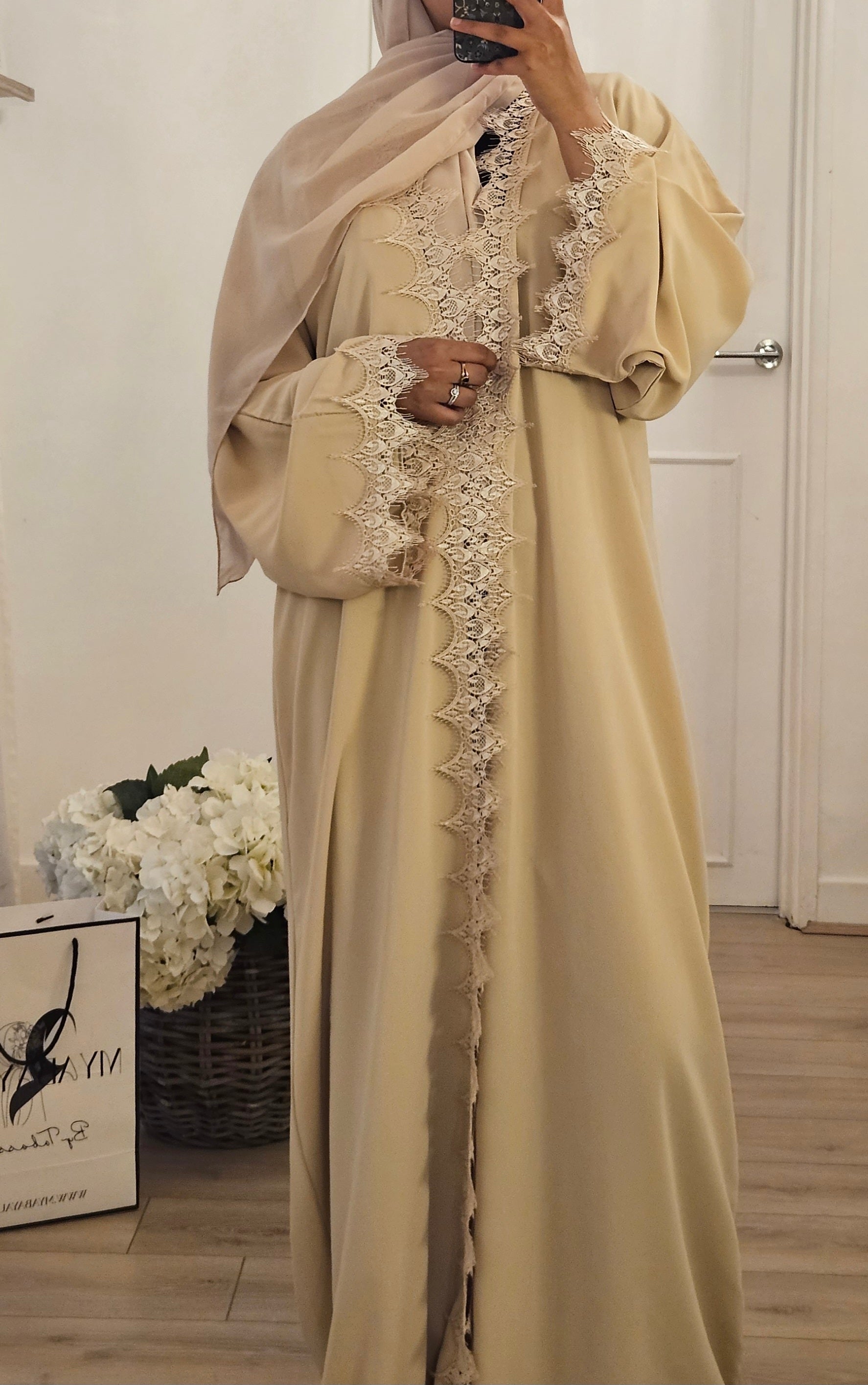 Beige Net Abaya With Slip dress