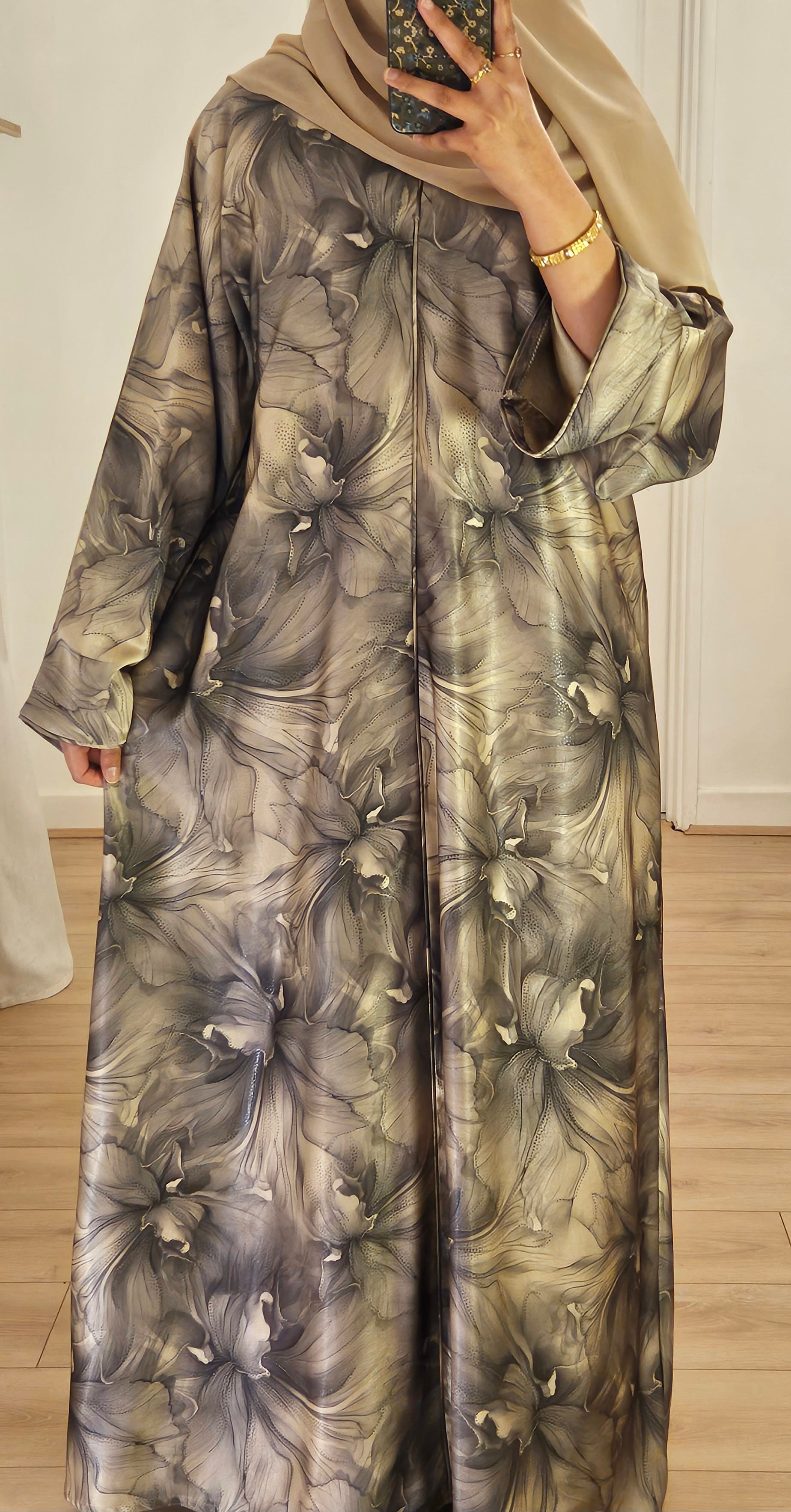 Closed Floral Abaya In Beige
