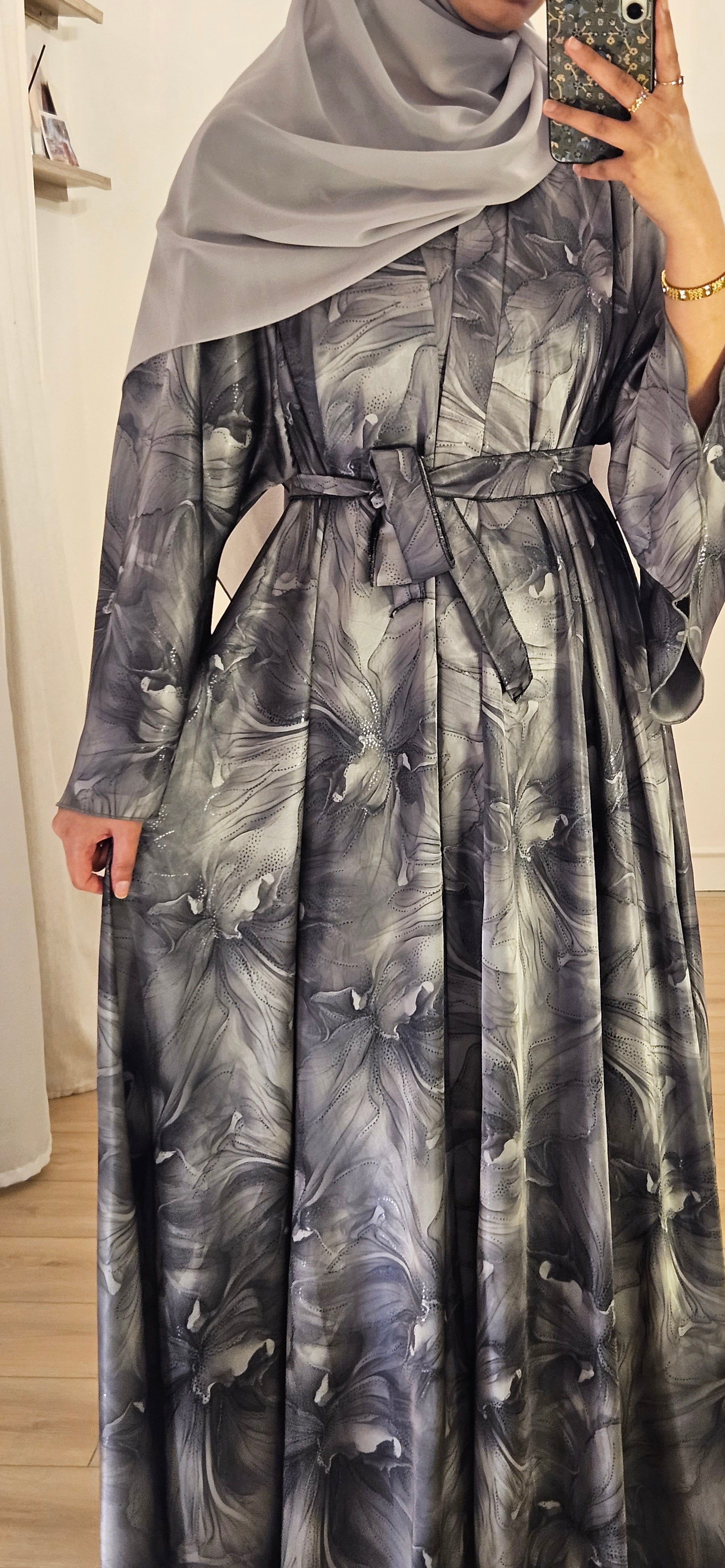 Floral Umbrella Abaya in Grey