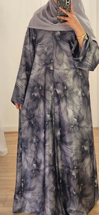 Closed Floral Abaya In Grey