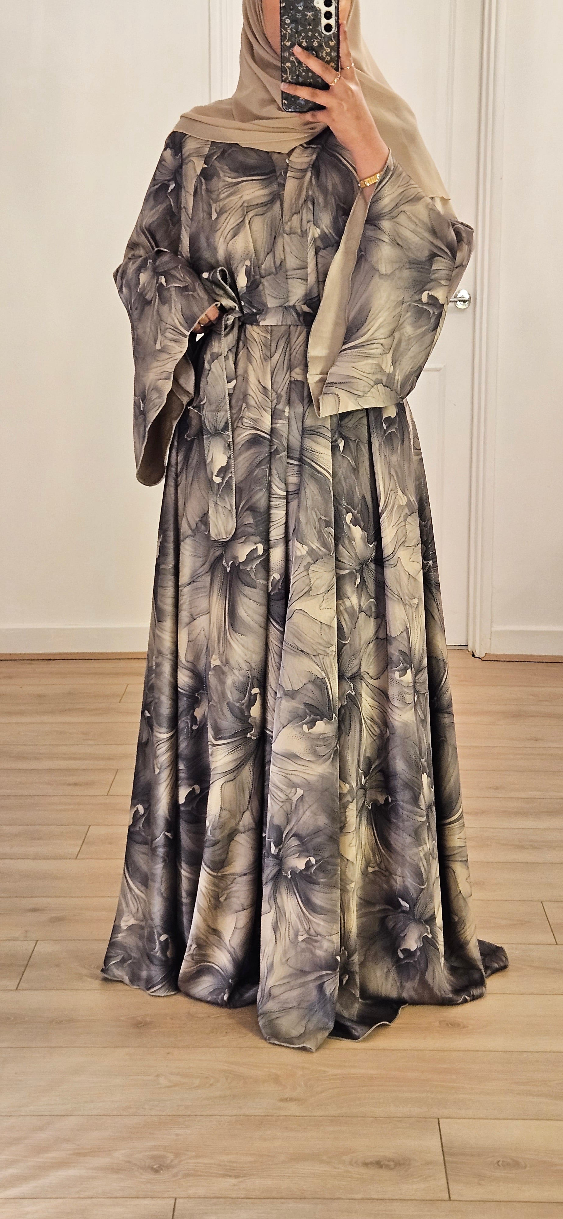 Floral Umbrella Abaya In Beige