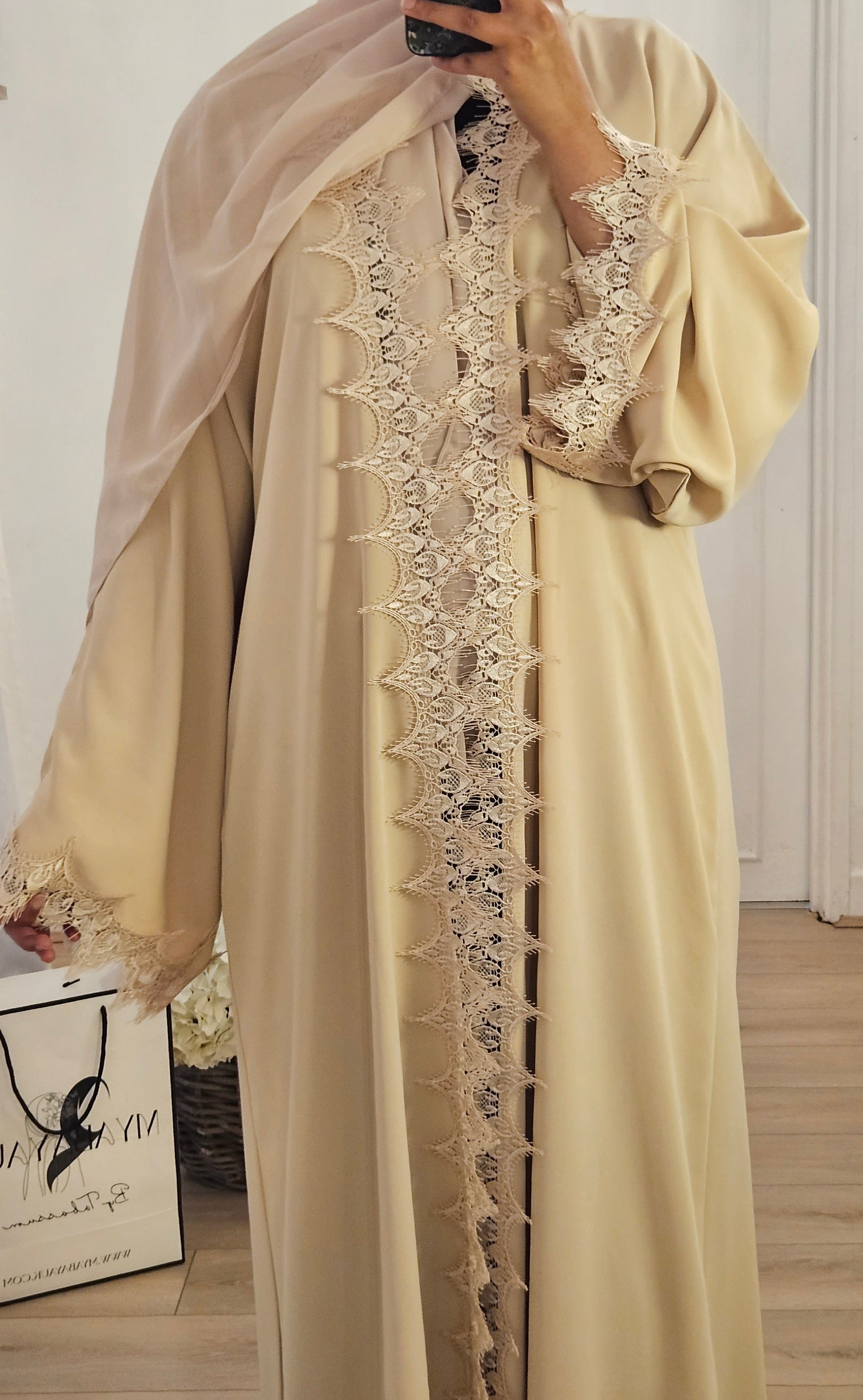 Beige Net Abaya With Slip dress