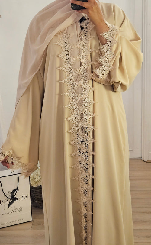 Beige Net Abaya With Slip dress