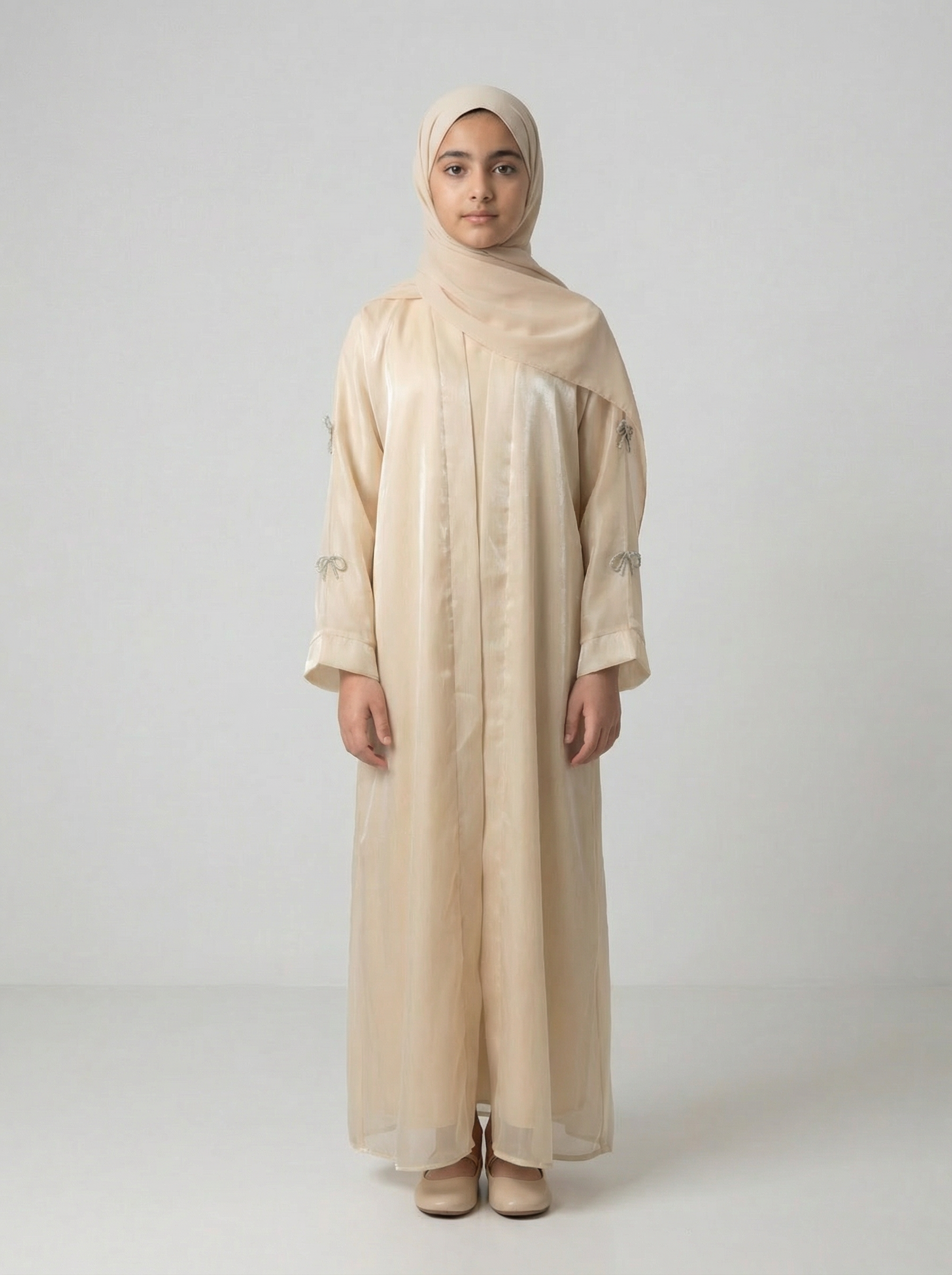 Girls Beige Bow Abaya