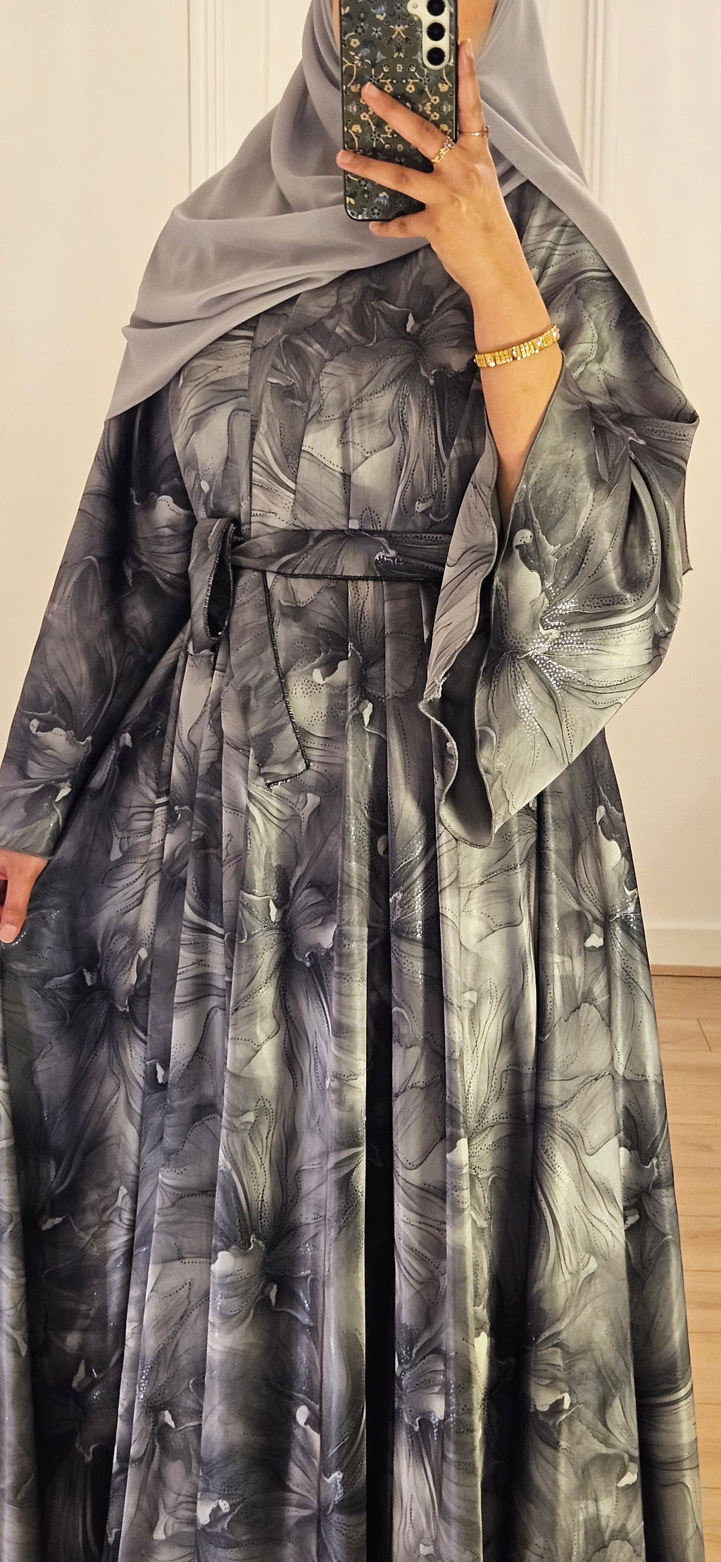 Floral Umbrella Abaya in Grey