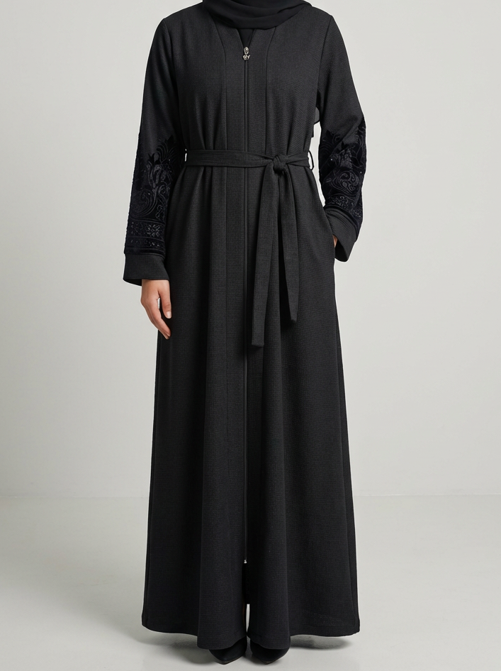 Turkish Flower Abaya in Velvet Black