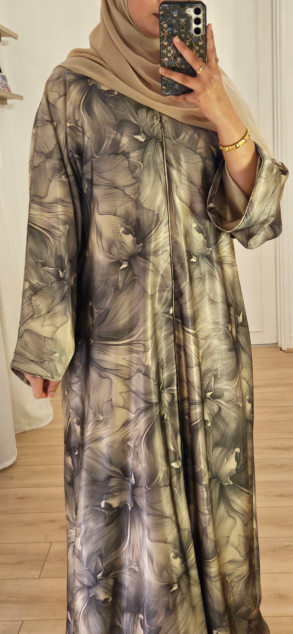 Closed Floral Abaya In Beige