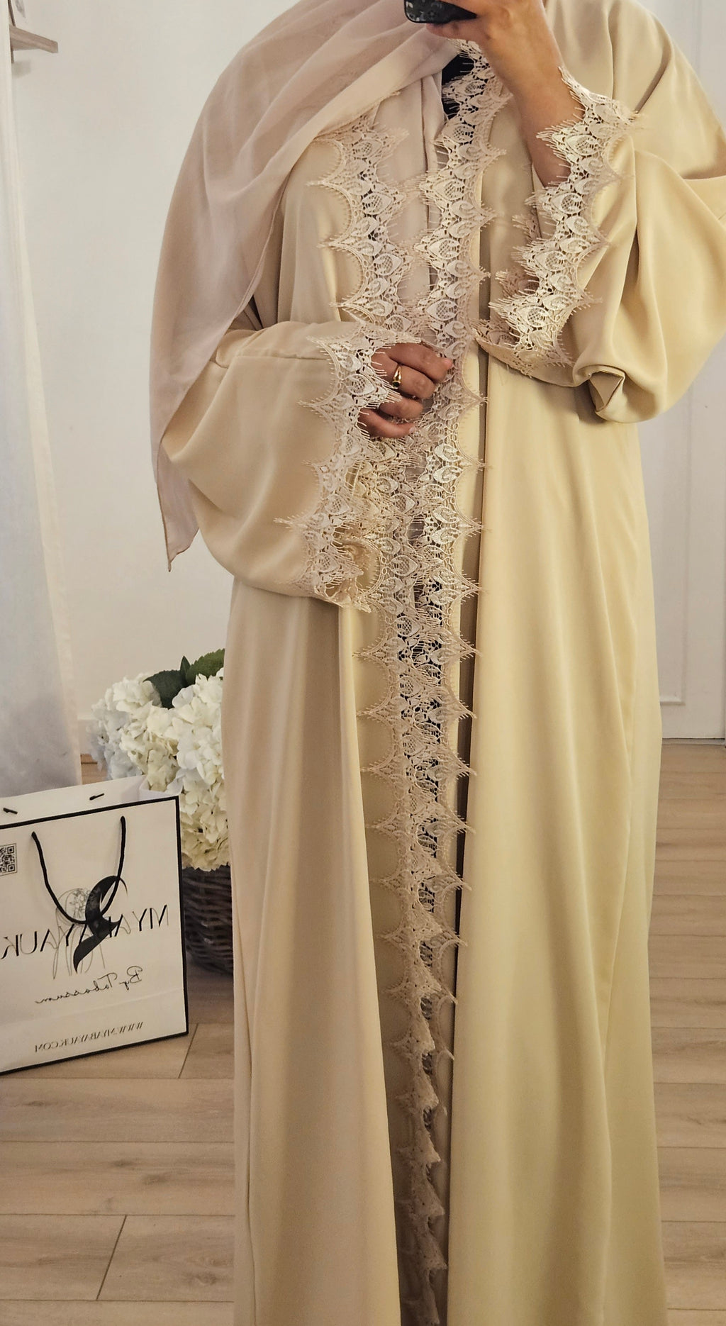 Beige Net Abaya With Slip dress