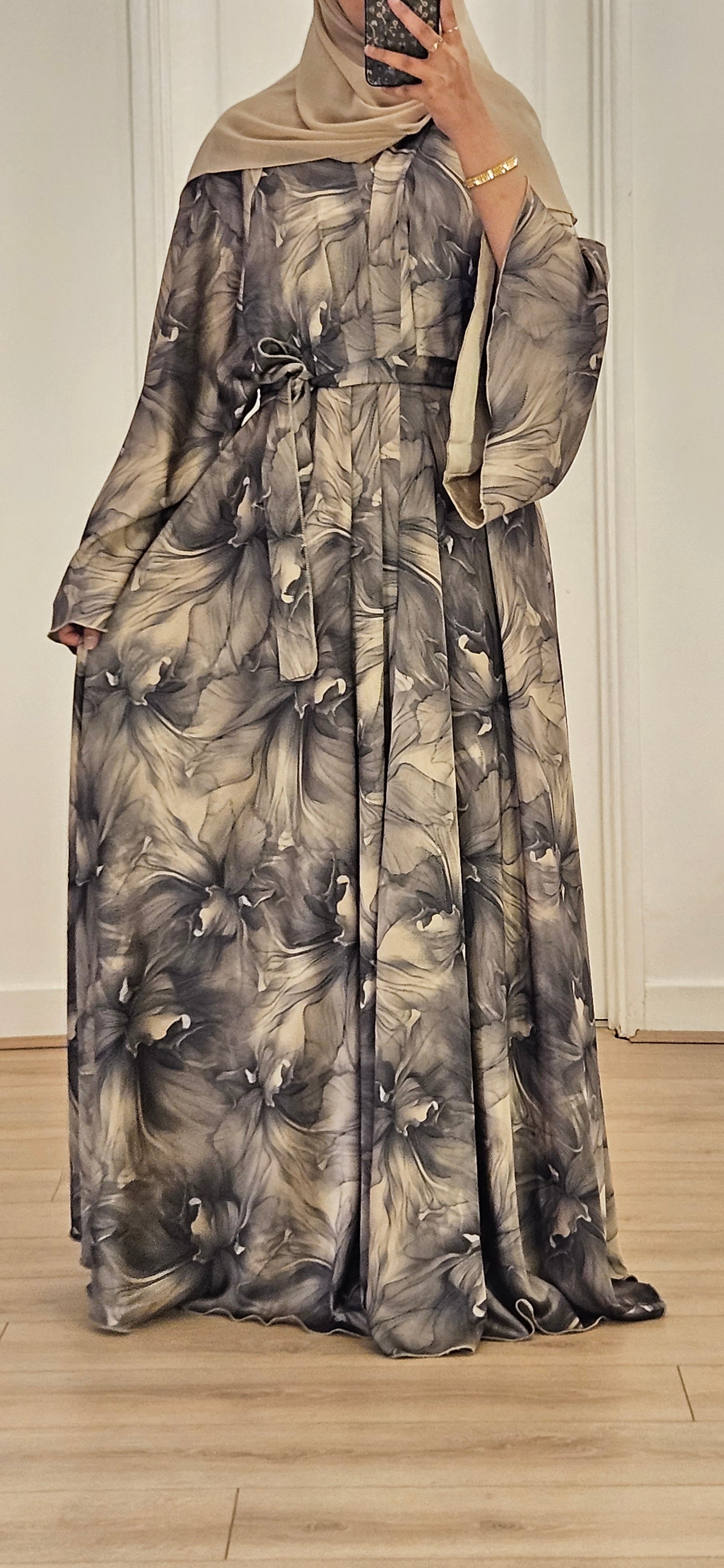 Floral Umbrella Abaya In Beige