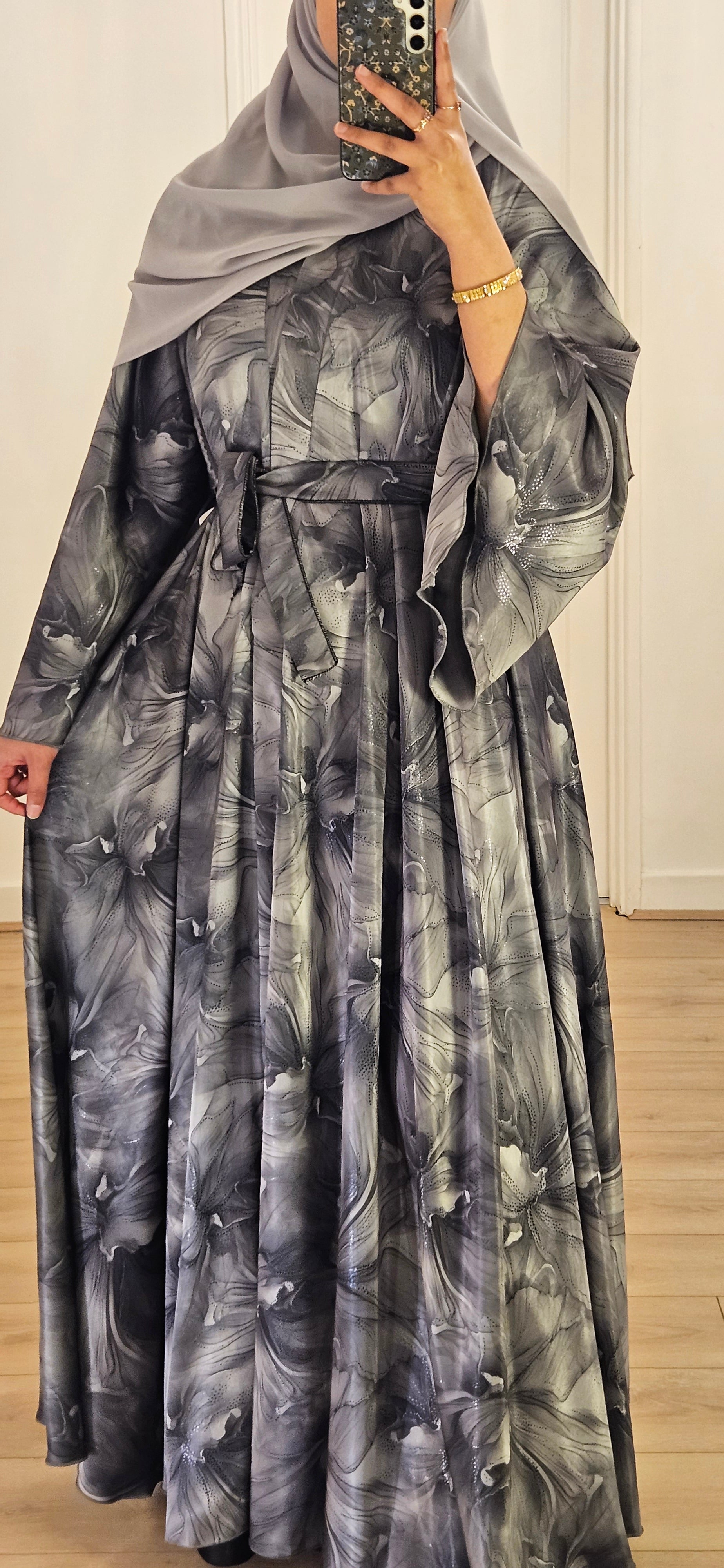 Floral Umbrella Abaya in Grey