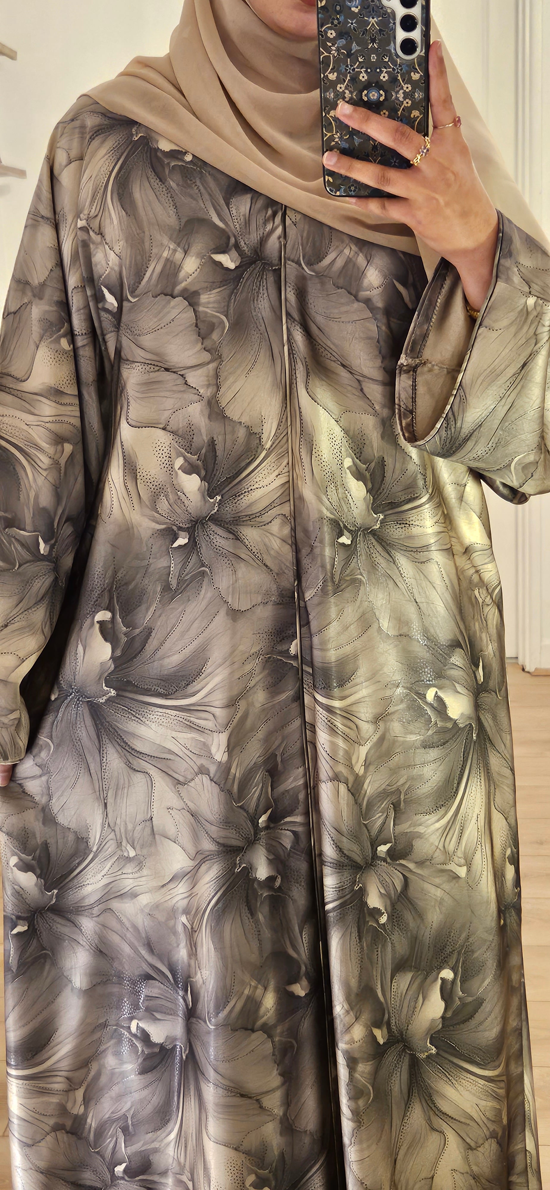 Closed Floral Abaya In Beige