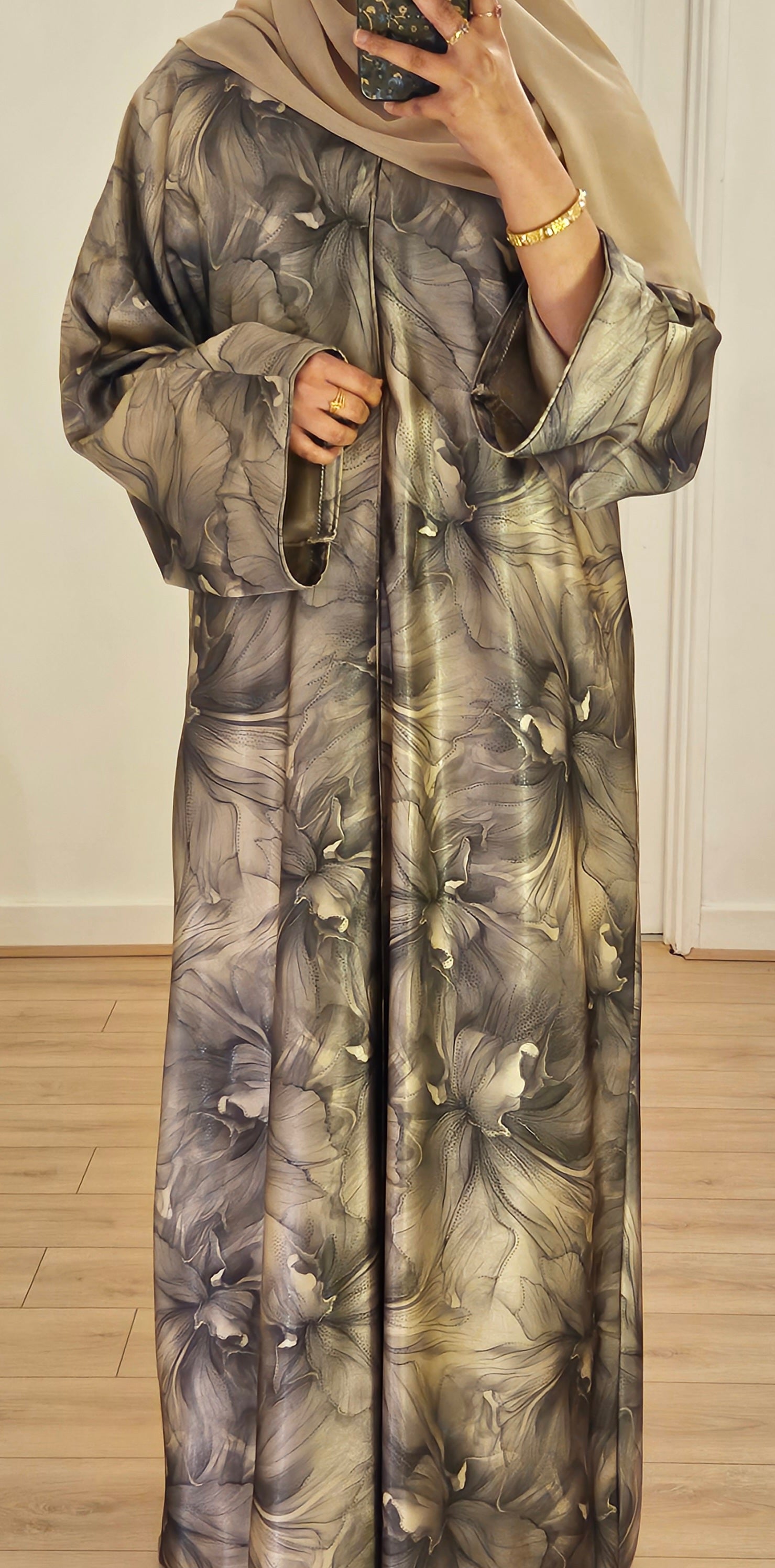 Closed Floral Abaya In Beige